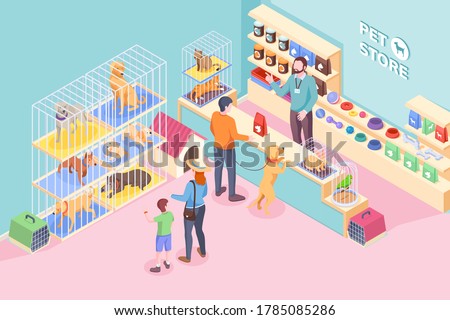 Pet shop cats and dogs, animals and veterinary store, vector isometric design. People buying food and vet products on shelf of pet store, kid choosing puppy dog pet or cat, rabbit and parrot in cage