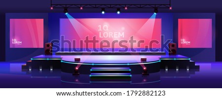 Stage of conference hall, presentation and concert scene, vector empty background template. Modern event stage with speaker podium, chair seats, spotlights and projector display monitors on screen