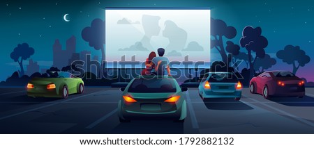 Drive cinema or car movie theater, auto theatre, vector cartoon outdoor screen background. Car cinema or drive movie in open air, boy and girl couple embrace, sit and watch romantic movie on car roof