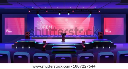 Stage for event or conference with tribune, convention hall for presentation or concert, vector background. Modern empty stage with speaker podium, chair seats and projector display monitors on screen