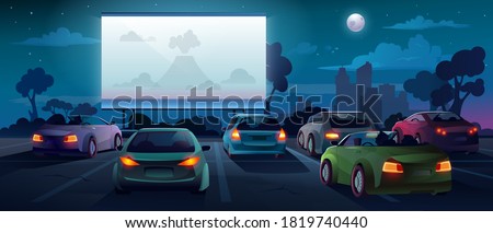Car cinema or drive in movie theater and auto theatre with outdoor screen, vector cartoon background. Car cinema or drive movie in open air with people in cars on parking lot watching movie