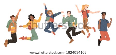 Multicultural students jumping, happiness success, happy young people, vector flat cartoon. University students or college and school friends jump up with raised hands and happy smiles of celebration