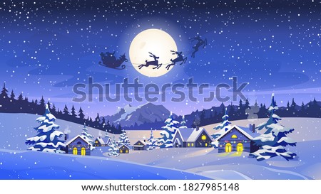 Reindeers pulling Santa Claus, winter scenery landscape, countryside houses with lights, snowy trees forest, mountains. Vector Christmas night, silhouette of deers with sleigh, Xmas eve greeting card