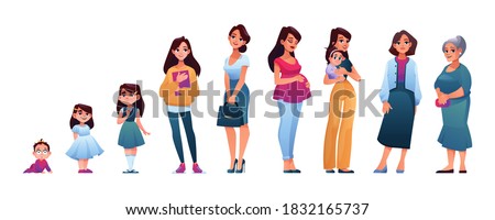 Sequences of woman life stages isolated. Vector female age, character of woman in different periods of growing up. Vector baby, child, teenager adult and mature person, elderly lady on retirement