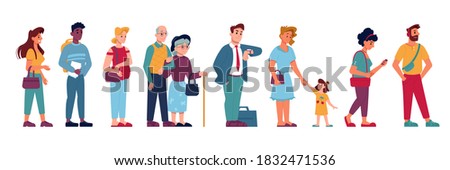 People crowd in queue line standing and waiting, vector flat isolated. People group in queue row, pregnant woman, old man with kid child, cartoon icons of people in line in hurry or impatient