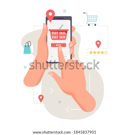 Application, smartphone in hand, ordering food, products, location. Vector food and fastfood online order, person tapping on screen to deliver food. Red shopping cart trolley, mobile app mockup