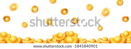 Stack of gold ingots, falling and flying coins with holes isolated on white background. Vector decorative elements for Chinese New Year CNY design. Talisman of wealth and prosperity in Feng Shui