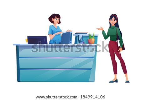 Patient speaks to receptionist, medical staff, reception desk with folders, computer and plant in pot. Vector woman customer talking to female nurse or doctor, scene of clinic hospital visit