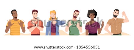 People showing refusal, denial or negative emotions with gestures. Men and women crossing hands, using stop sign and thumb down. Dislike or disapproval. Cartoon character, vector in flat style