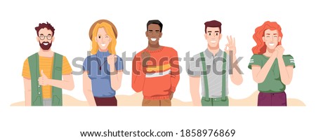 Excited men and women with cheerful facial expressions showing gesture and emotions. Caucasian and afro american male happy or pleased. Victory and satisfaction. Cartoon character, vector in flat
