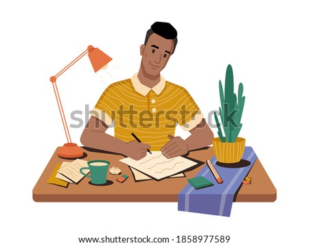 Journalist at workplace writing article or post sitting on table, cup of tea or coffee, papers and pens, lamp and plant in pot on desktop. Vector man correspondent writing publication in newspaper