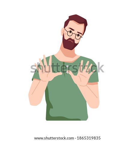 Annoyed or dissatisfied man gesturing expressing denial or warning. Prohibition from bearded male. Move away or stop sign, person showing palms. Isolated cartoon character, vector in flat style