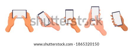 Hands of different races hold and use smartphones, blank display. Vector, european, afro american and asian people use mobile phones. Man or woman, multiethnic mixed-race users with modern gadgets