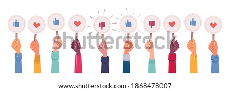 Hands vote, likes and dislikes, hearts and feedback isolated icons set. Vector social media votes, positive and approve signs. Satisfaction and success marks, multiethnic and afro american asian skin