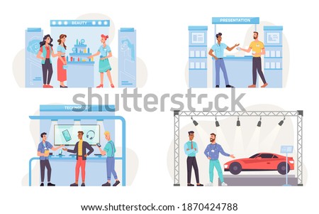 Set of expo exhibition stands isolated beauty shop, mobile goods presentation, sale of modern gadgets. Vector new vehicle car motor show, promotion of cosmetics, demonstration of auto and phones