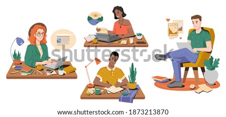 Man and woman journalists correspondence write articles on typewriter, laptop, piece of paper. Vector secretaries or freelancers on workplace, typing posts, cup of tea coffee, books and pens on table
