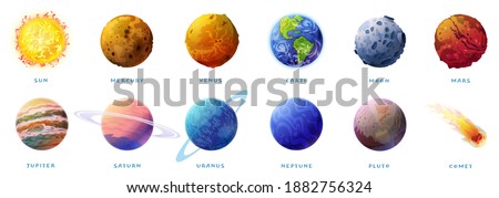 Planets of Solar system and comet isolated cartoon set on white. Vector inner, rocky Mercury, Venus and Earth, Mars. Outer space gas giants Jupiter and Saturn, ice Uranus and Neptune, Pluto, Sun Moon