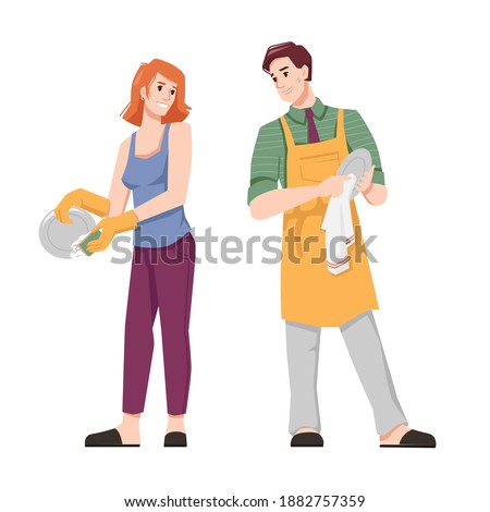 Couple wash and dry dishes, flat cartoon people. Vector man in apron and woman doing household chores together, husband and wife at housework, housekeeping and spending time together