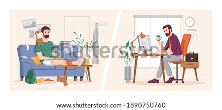 Man working at computer in office and at home, vs flat cartoon illustration. Vector businessman at work place, sitting at desk and on sofa, freelancer and employer, benefits of work, covid quarantine