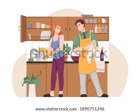 Couple wash and dry dishes in kitchen, flat cartoon people. Vector man in apron and woman doing household chores together, husband and wife at housework, housekeeping and spending time together