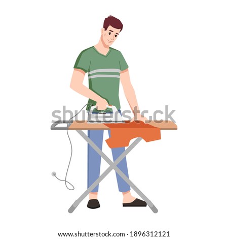 Man ironing t-shirt in board isolated flat cartoon character. Vector husband doing housework household chores, person with iron electric appliance standing in casual cloth. Routine home work, laundry