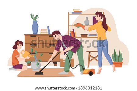 Family cleans house, vacuums carpet by vacuum cleaner, dust furniture, takes care about flower pots. Vector housework and house chores, mother, father and daughter tidy up flat, housekeeping