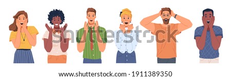 Set of people with surprised excited expression isolated happy faces of different nationalities, flat cartoon characters. Vector caucasian and afro american people satisfied good mood, satisfaction