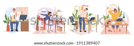 Employees working from home or office stretching and doing small exercises at workplace to get rest and relaxation. Removing tension and muscle soreness. Cartoon characters, vector in flat style 商業照片 © 