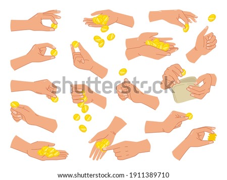 Coins and cash in hands, isolated set of palms with wallets of money for paying. Giving loan, saving financial assets or exchanging, wealthy person with metals. Flat cartoon style vector illustration