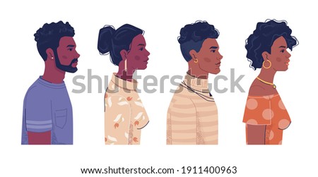 Diverse people, afro american men and women side view portraits, flat cartoon. Vector ebony, black african and creoles. Multiracial group with curly hair, Africa ethnicity population