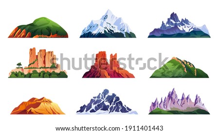 Mountain ridges set isolated iceberg tops and hills, cartoon rocky landscapes. Vector snowy alpine cliffs, climbing and hiking sport symbols. China and Japan mounts, volcano craters and ranges