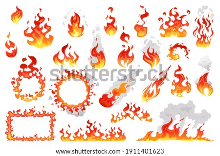 Fire flames, bright fireball, cartoon campfire heat isolated icons set. Vector wildfire and red hot bonfire, animated flame in circle with smoke. Sparkling ignite, furious flammable fiery combustion