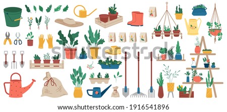 Gardener equipment, set of planting, gardening and farming objects and plants in flowerpots isolated icons. Vector garden tools, rakes and shovels, potted flowers and watering can, bucket and cutters