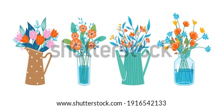 Floral composition in bouquets, flowers in blossoms in decorative vases and water cans, glasses. Vector tulips and peonies, 8 March and birthday gifts, decorations. Spring and summer blooming plants