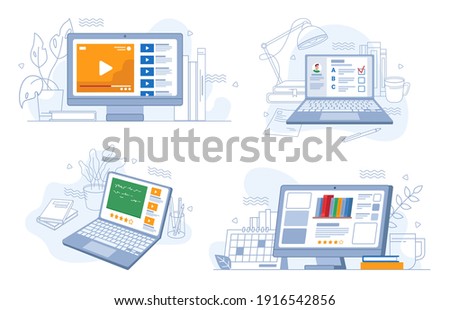 Online webinars trainings and work, e-learning set, flat cartoon. Vector video tutorials, tests on distance education, rating knowledge marks, studying and learning using modern computer technologies