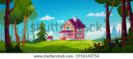 Rural house landscape forest scenery view on country home with chimney, stairs and porch. Vector building in green wood with fir trees, eco environment. Construction in countryside, cartoon cottage