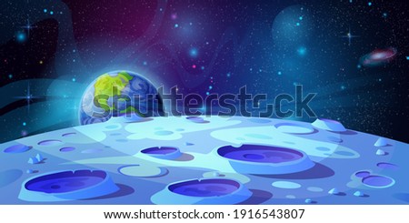 Moon surface landscape with craters and Earth on background cartoon vector illustration. Lunar ground, fantasy futuristic view in outer space, blue rocks and holes. Cosmic asteroids, futuristic land