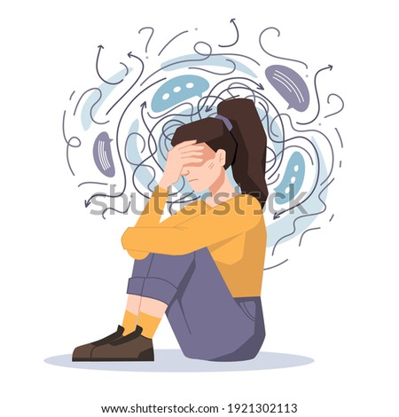 Anxiety, woman fears and phobias, thoughts get confused and crushed isolated girl sitting on floor with headache. troubled unhappy girl, anxious scared female in despair, psychological problems