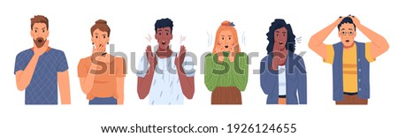 Shocked scared people faces set isolated flat cartoon portraits. Vector man and woman in stress, panicked or terrified characters in horror. Multi ethnic adults in fear, nervous frightened persons