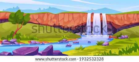 Waterfall landscape, rocky fountain scene with trees, river with stones, tropical or jungle scenery. Vector nature fluid splashes and drops, falling water in mountain fall, aqua cascade, green grass