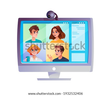 Online videocall of freelancers, video conference on computer cartoon design. Vector people communication on quarantine, entrepreneurs collaboration, conferencing communicating man and woman