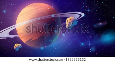 Space galaxy background with saturn planet and asteroids, cartoon universe texture. Vector starry futuristic surface with purple nebula, cosmos dust scenery. Deep purple sky with stars and planets