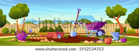 Backyard garden with cultivated soil, shovel and pitchfork, watering can and wheelbarrow, fence and country house on background. Vector gardening equipment, lawn with growing plants, potted flowers