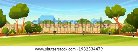 Garden backyard with wooden fence hedge, green trees and bushes, grass and flowers, park plants, house on background. Vector spring or summer outside landscape. Farm natural view, eco agriculture