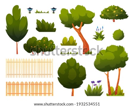 Set of green trees, bushes, grass and flowers, fence or hedge isolated backyard or park set of cartoon elements. Vector spring or summer outside objects, forest or garden plants, gardening icons