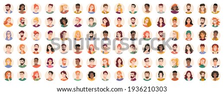 Portraits and avatars of people, male and female expressing emotions. Laughter and joy, smile and calmness. Diversity of personages, multiethnic society. Cartoon characters, vector in flat style