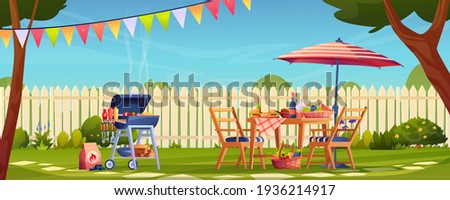 Bbq, food and drinks garden party in backyard, served table and chairs, umbrella. Vector fruits and vegetables, wine and beer, meat on skewer and hamburger. Green grass and fence, trees, holiday flags