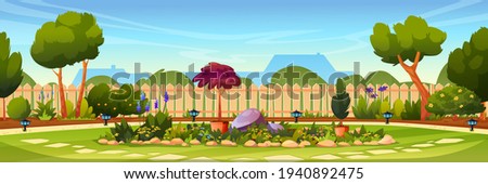 Backyard with flower bed, wooden fence hedge, grass and park plants, green trees and bushes, house on background. Vector flowerbed with stones and blossoms. Garden design architecture, lamps on ground