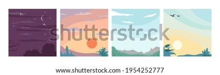 Sky landscape different times of day and night, flat cartoon backgrounds. Vector moons and star, sunrise and sunset, cloudless summer view of skyline with flying birds. Dreaming, inspiration concept