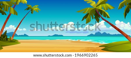 Cartoon summer beach, ocean or sea shore, paradise with yellow sand, palm and blue tranquil water. Vector landscape scenery, tourist holiday vacation place for rest. Seaside seashore, tropical trees